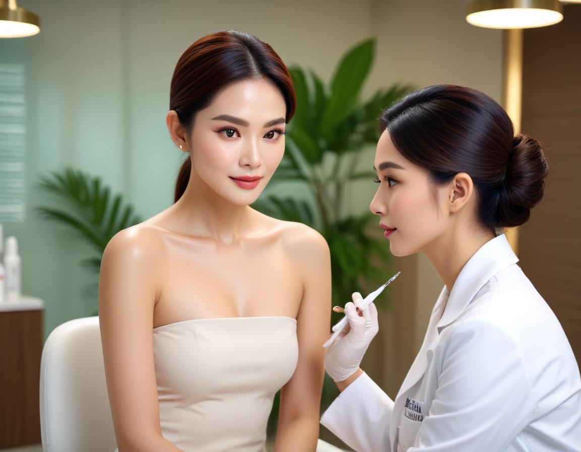 ผู้ป่วย ชาว ไทย กับ แพทย์ ปรึกษาฟิลเลอร์ บน โต๊ะ กระจก คลินิก สมัยใหม่ แสง ธรรมชาติ